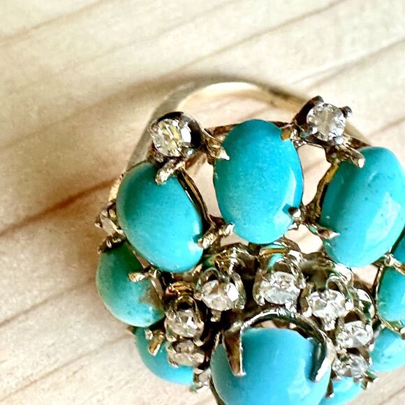 Vintage Diamond Turquoise Cocktail Ring Bombe Style - Picture 3 of 9